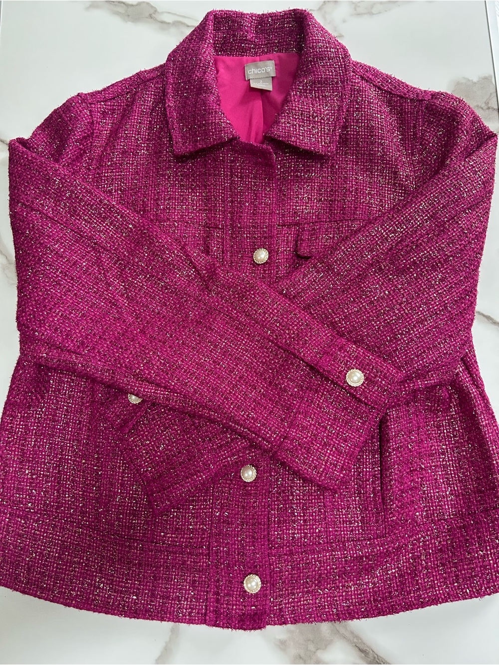Chico's Fuchsia Tweed Blazer W/Pearl-Style Buttons and hidden zipper Size 12 US